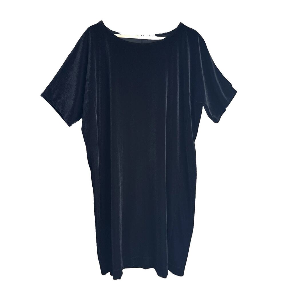 Eileen Fisher Velvet Shift Dress L Black Stretch Boxy Short Sleeve Quiet Luxury